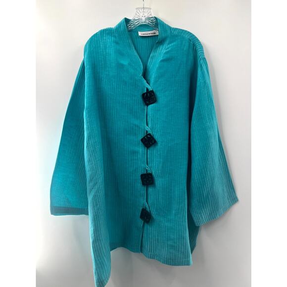 Caroline Rose Women's Blue Striped Silk Mock Neck Long Sleeve Jacket Size 1X - Picture 1 of 7